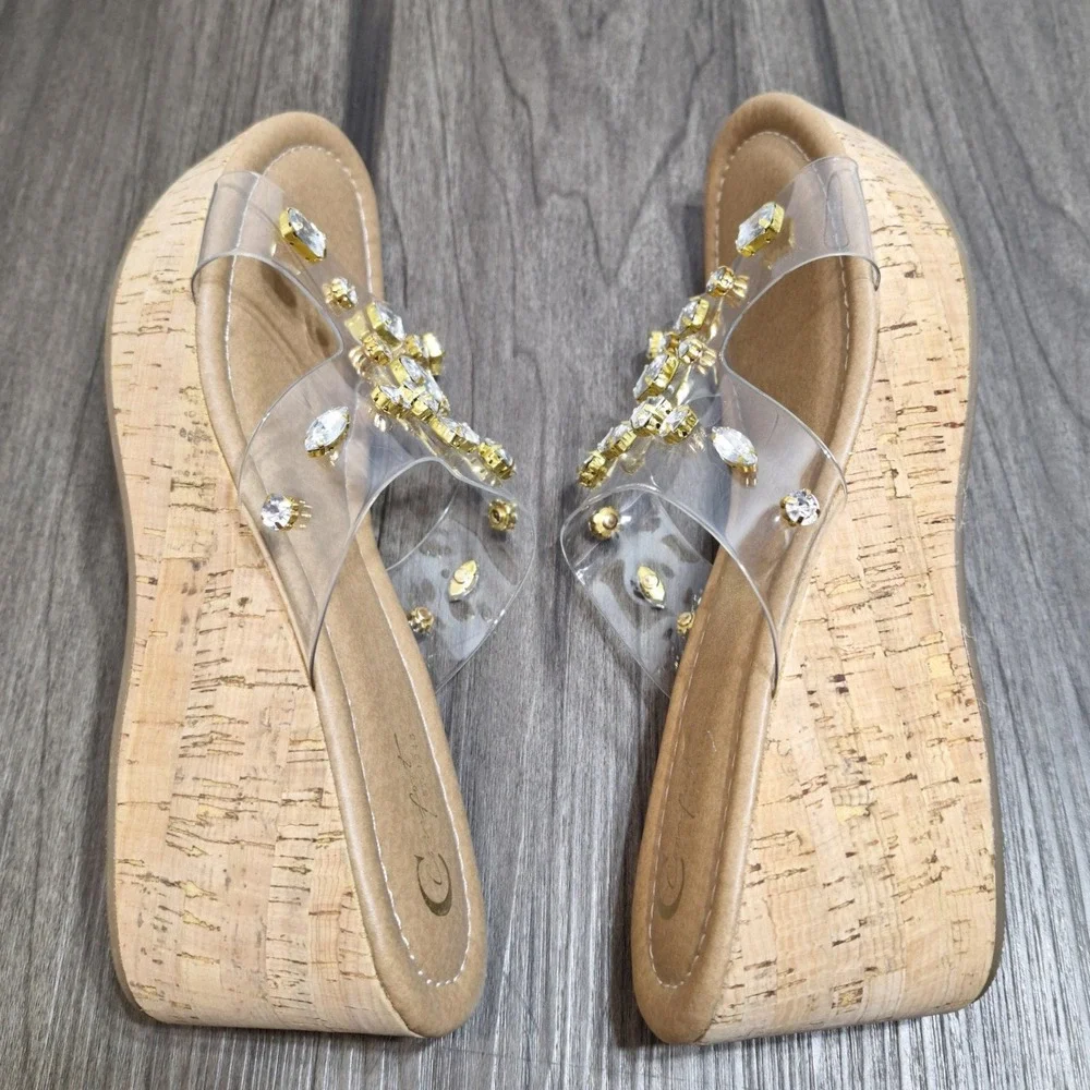Comfort Women's Size 9M Tan Clear PVC Straps Rhinestones Cork Wedge Sandals